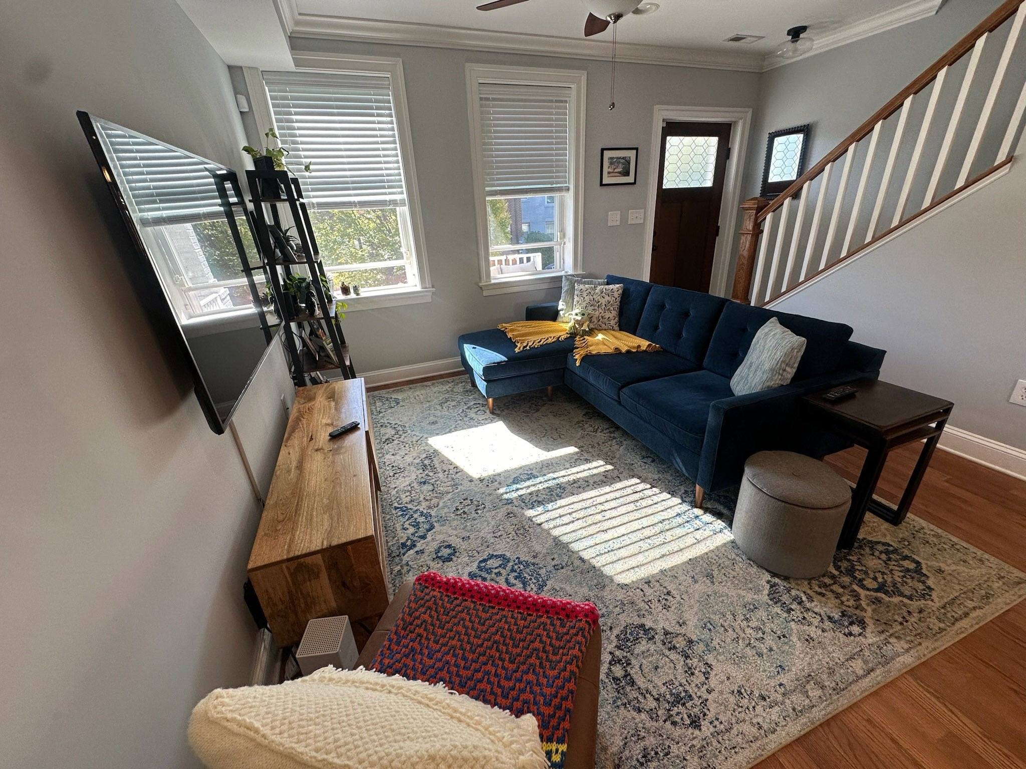 Living Room with Blue Sectional and Rug